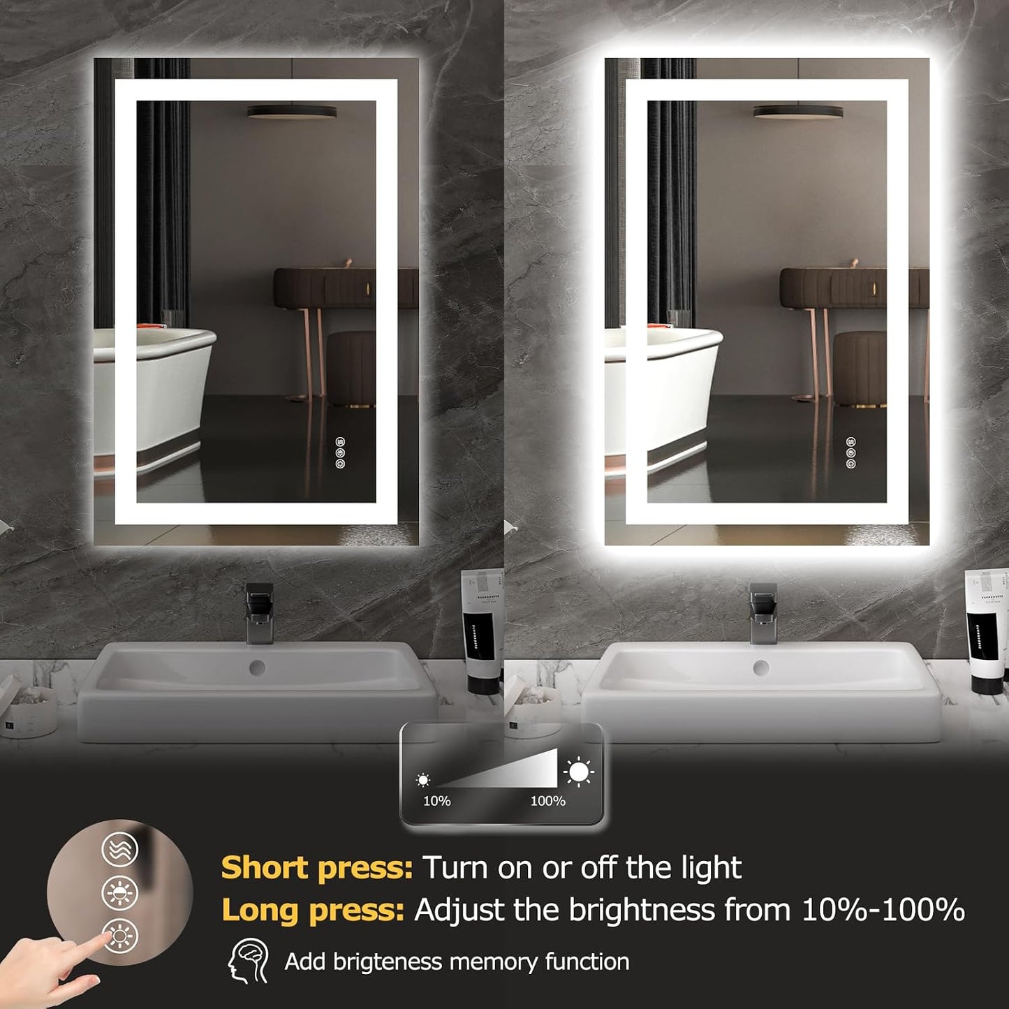 Hivone 24X36 LED Bathroom Mirror with Lights, Anti-Fog, Dimmable, Backlit + Front Lit, Smart Bathroom Vanity Mirror, Memory Function, Shatterproof, Tempered Glass (Horizontal/Vertical)