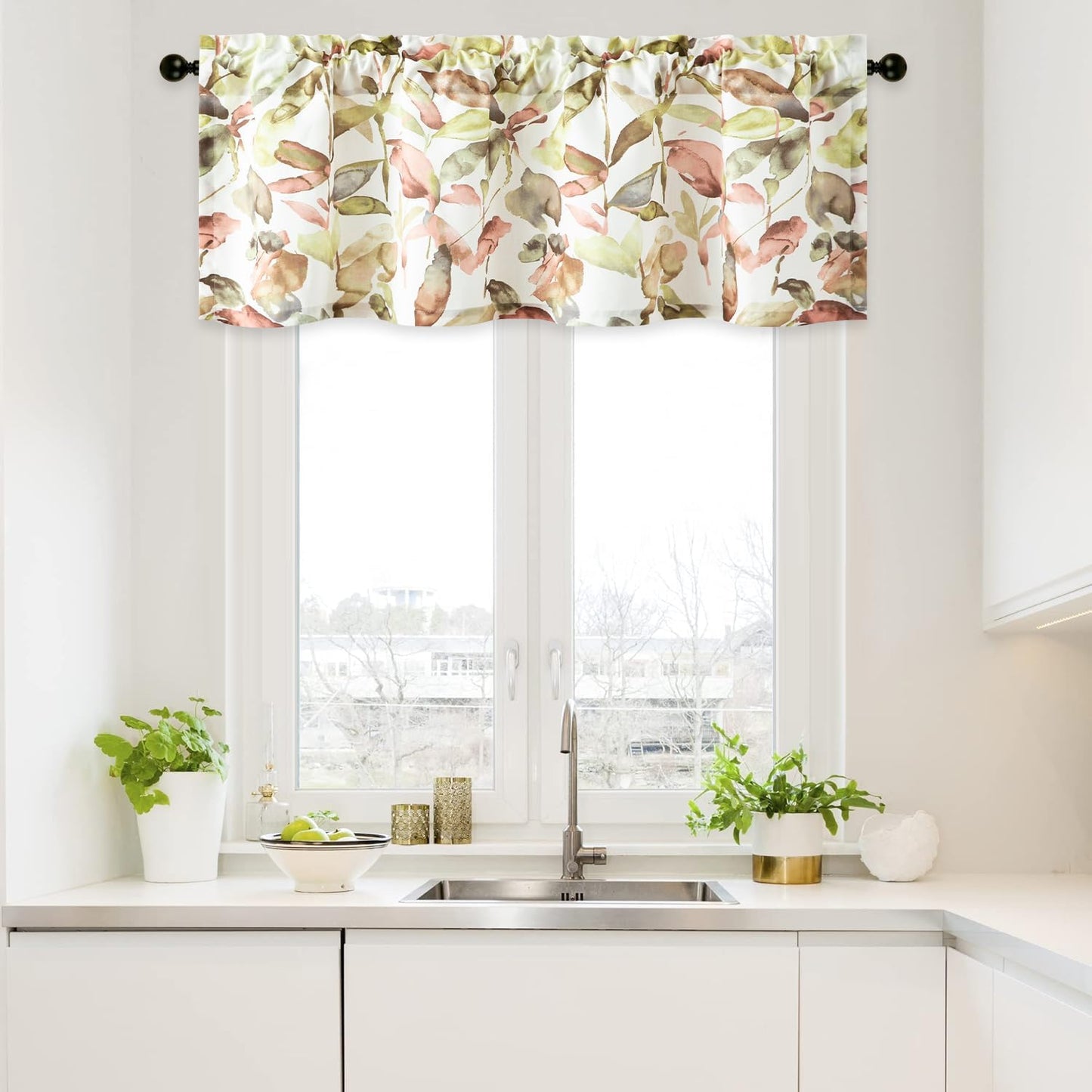 Faux Linen Kitchen Valances for Windows, Leaves Printing Valances for Living Room, Rod Pocket Farmhouse Rustic Basement Window Curtains for Bathroom, 52 x 18, Pack of 1