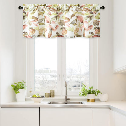 Faux Linen Kitchen Valances for Windows, Leaves Printing Valances for Living Room, Rod Pocket Farmhouse Rustic Basement Window Curtains for Bathroom, 52 x 18, Pack of 1