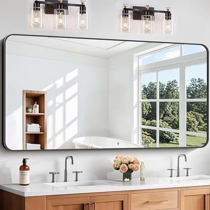Bathroom Mirror, 60 x 30 inch Black Rectangle Wall Mirror, Metal Frame Rounded by WelcometoCIVENO