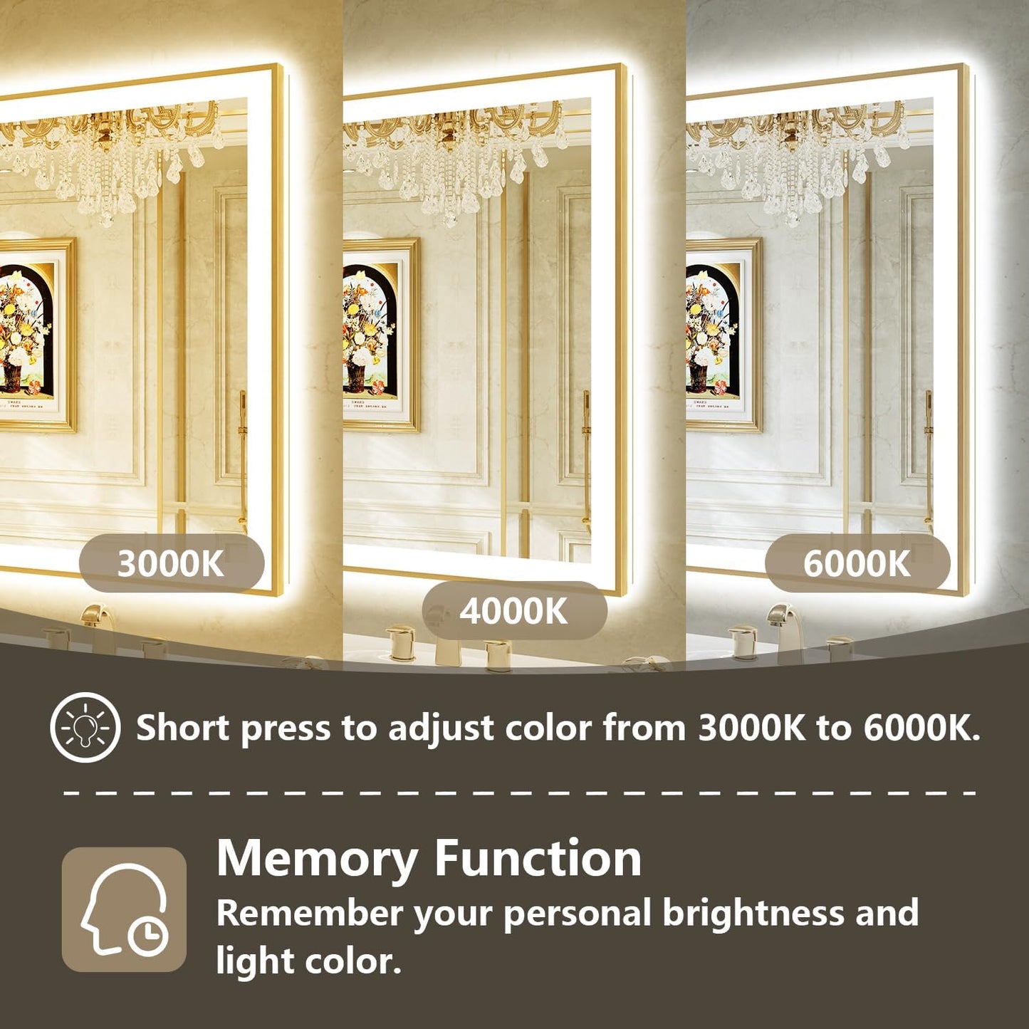 72x40 LED Bathroom Mirror with Lights, Gold Framed Lighted Mirror | Backlit and Front light, Anti-Fog, 3 Color Dimmable, Memory, Tempered Glass, IP54 Waterproof, UL Listed
