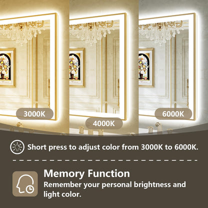 72x40 LED Bathroom Mirror with Lights, Gold Framed Lighted Mirror | Backlit and Front light, Anti-Fog, 3 Color Dimmable, Memory, Tempered Glass, IP54 Waterproof, UL Listed