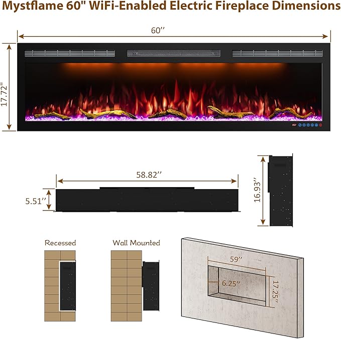 WiFi-Enabled Electric Fireplace Recessed & Wall Mounted, 60 Inch Slim Electric - Image 5