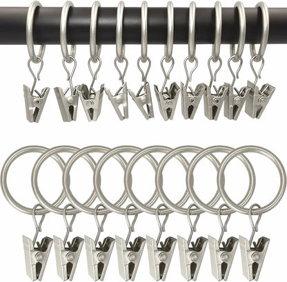 WeeksEight 44 Pack Matte Silver Curtain Rings with Clips, Curtain Hooks Hangers Clip Rings for Hanging Drapes Bows Hat, Drapery Rings 1 in I D, Fits up to 5/8 in Diameter Curtain Rod.