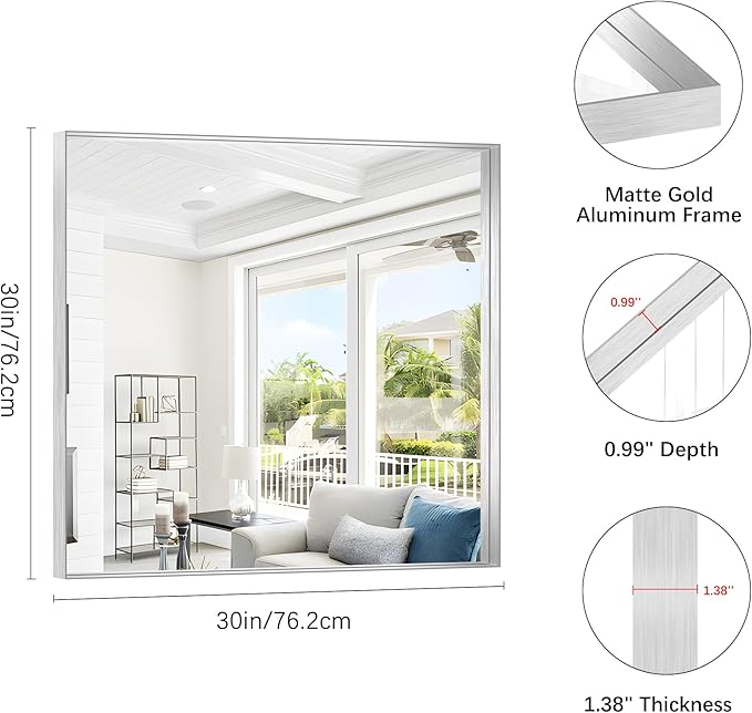 Silver Bathroom Mirror, 30x30 Inch Rectangular Framed Mirror, Large Wall - Image 3