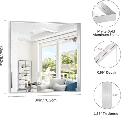 Silver Bathroom Mirror, 30x30 Inch Rectangular Framed Mirror, Large Wall - Image 3