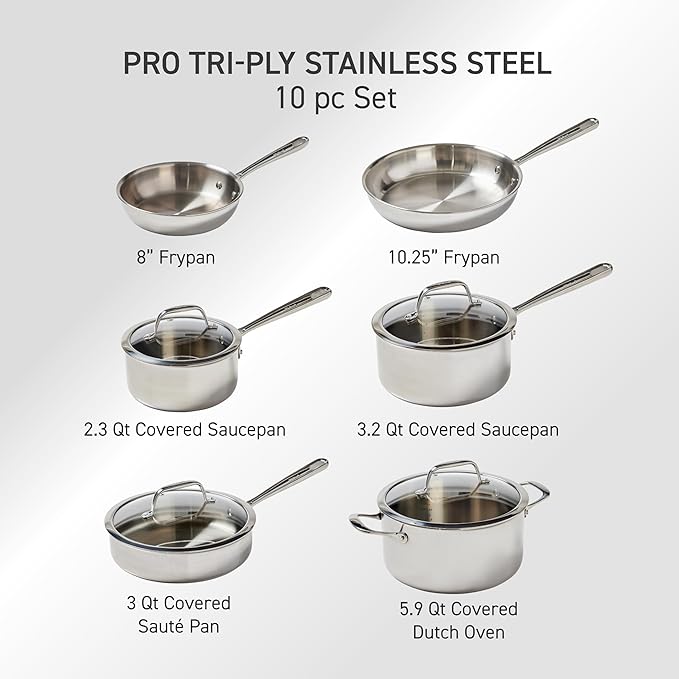 T-fal Pro Tri-Ply Stainless Steel Cookware Set, 10 Piece-Induction Compatible - Image 2