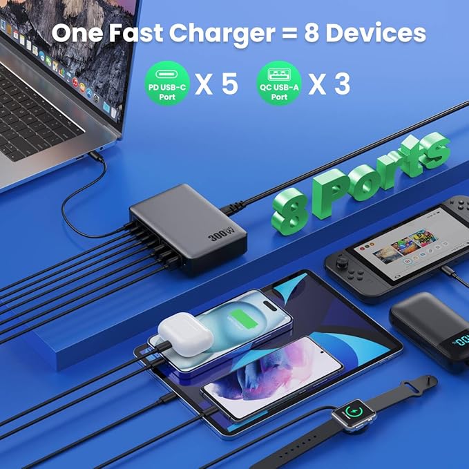 USB C Charger 300W USB C Charger Block, 8-Ports GaN IV Fast Charging Station Hub - Image 5