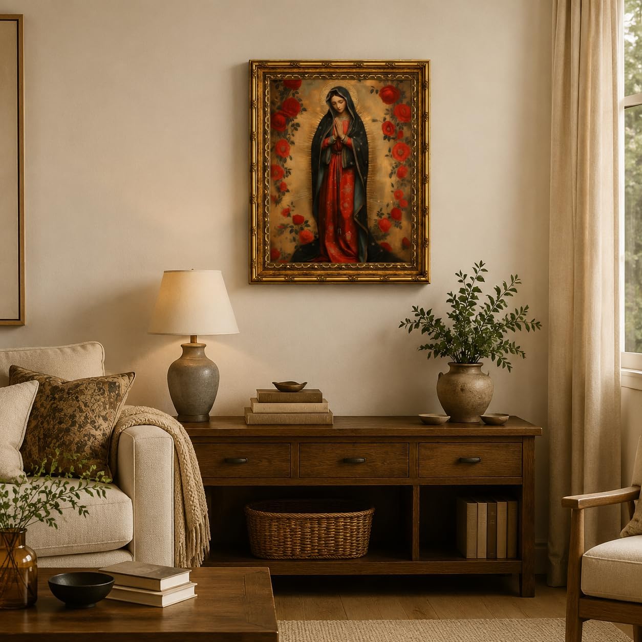 SQHVFXWR Golden Frame Our Lady of Guadalupe Canvas Wall Art with Religious Virgin Mary Painting Decor for Home Church Office - Red Rose & Halo Blessed Virgin Artwork16x24in