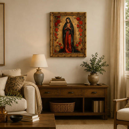 SQHVFXWR Golden Frame Our Lady of Guadalupe Canvas Wall Art with Religious Virgin Mary Painting Decor for Home Church Office - Red Rose & Halo Blessed Virgin Artwork16x24in