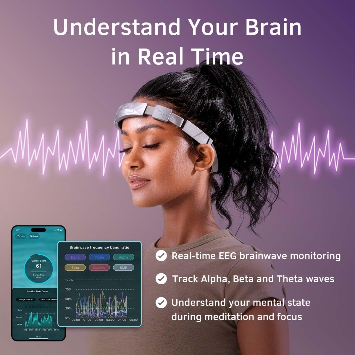eeg neurofeedback headband for meditation & brainwave monitoring shown in use