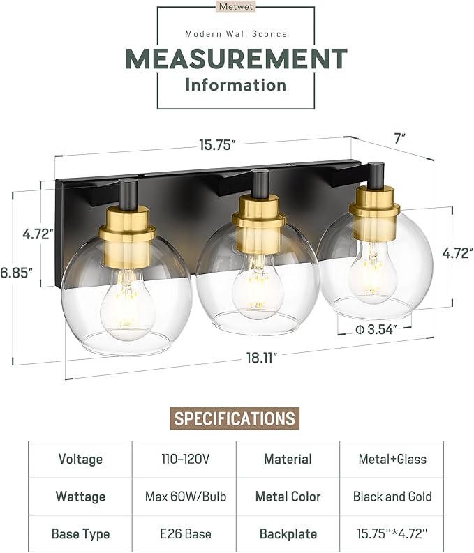 METWET Bathroom Light Fixtures, 3-Light Black and Gold Bathroom Vanity Light - Image 2
