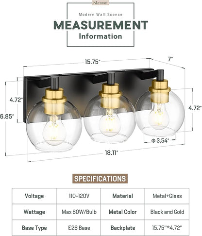 METWET Bathroom Light Fixtures, 3-Light Black and Gold Bathroom Vanity Light - Image 2