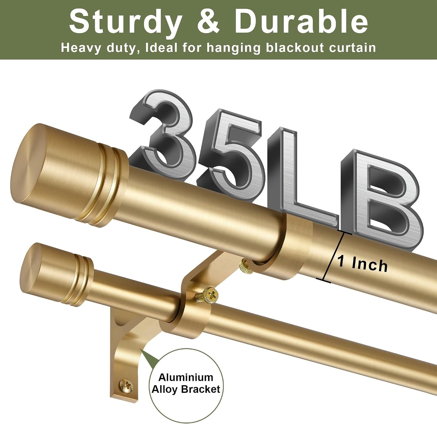 Double Curtain Rods 36-72 Inches for Windows, 1 Inch Diameter Adjustable Heavy Duty Drapery Rod with Aluminum Alloy Brackets and Finials, Modern Stylish Dual Curtains Rod, Brushed Gold