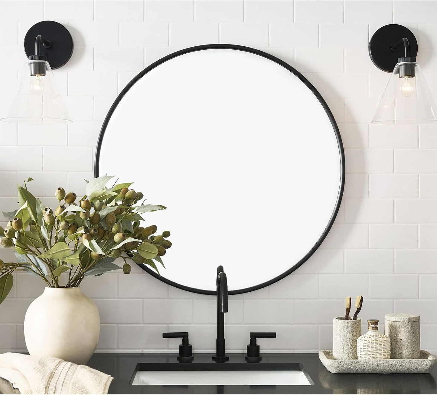 G-LEAF Black Round Mirror 32 inch Circle Mirror for Bathroom Vanity, Entryway, Living Room, Round Bathroom Mirror for Wall