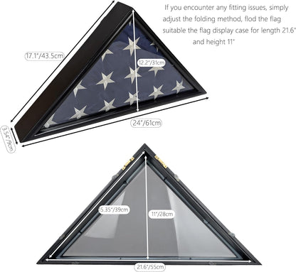 Burial Flag Display Case Fits 5'x9.5' Flag, Thin Bottom Edge Military Flag Box with Glass Front for American Veteran Flag, Wooden Memorial Folded Flag Case Shadow Box (Black)