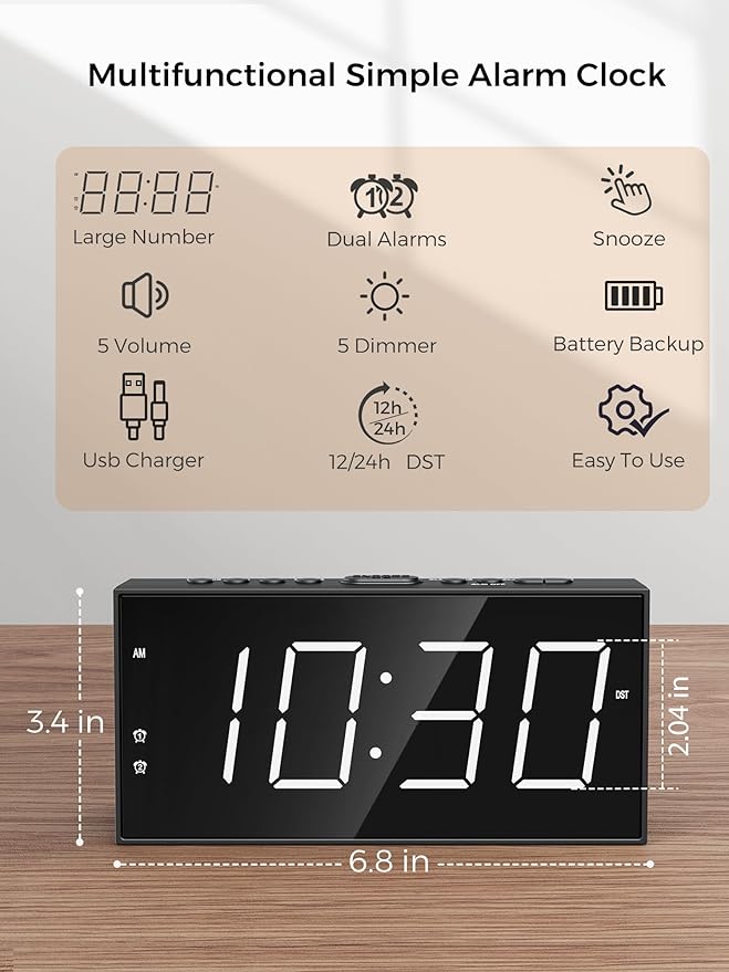 PPLEE Alarm Clock for Bedroom, 2 Alarms Loud LED Big Display Plug in Simple - Image 2