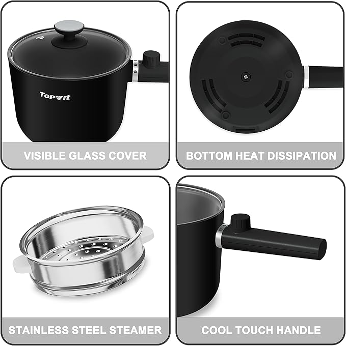 Topwit Hot Pot Electric with Steamer, 1.5L Ramen Cooker, Non-Stick Sauté Pan - Image 7