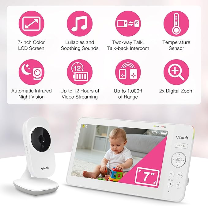 VTech Video Baby Monitor with 7" Color LCD Screen, Long Battery Life, Secure - Image 2