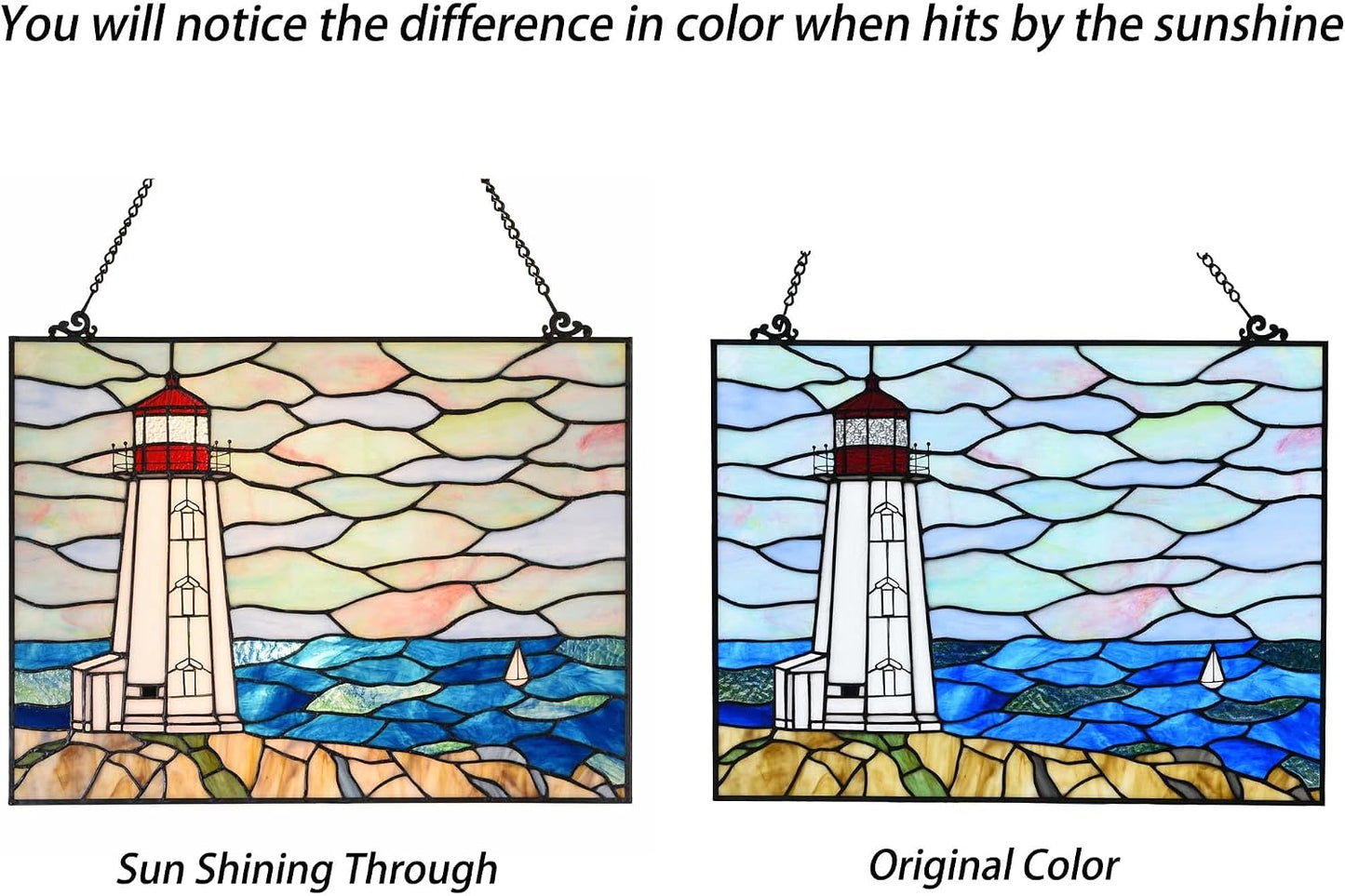 Bieye W10066 Peggy's Point Lighthouse Tiffany Style Stained Glass Window Hangings Panel, 19" W x 14.4" H