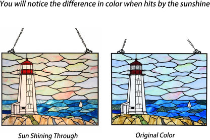 Bieye W10066 Peggy's Point Lighthouse Tiffany Style Stained Glass Window Hangings Panel, 19" W x 14.4" H
