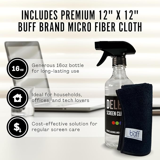 Delete Screen Cleaner Spray Kit, 16oz Bottle and 12"x12" Microfiber Cleaning - Image 3