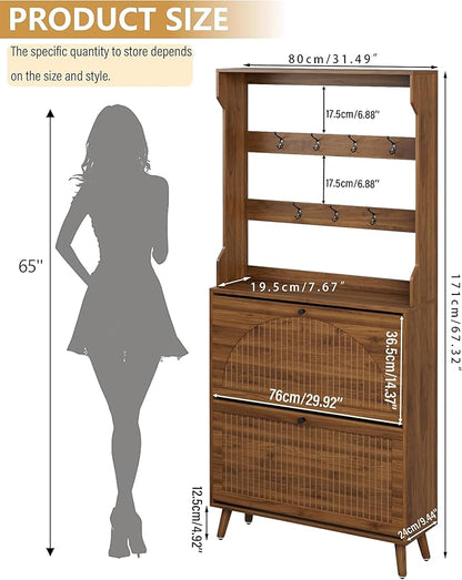 Shoe Cabinet for Entryway with 2 Flip Drawers & Coat Rack, Narrow Hidden Shoe - Image 2
