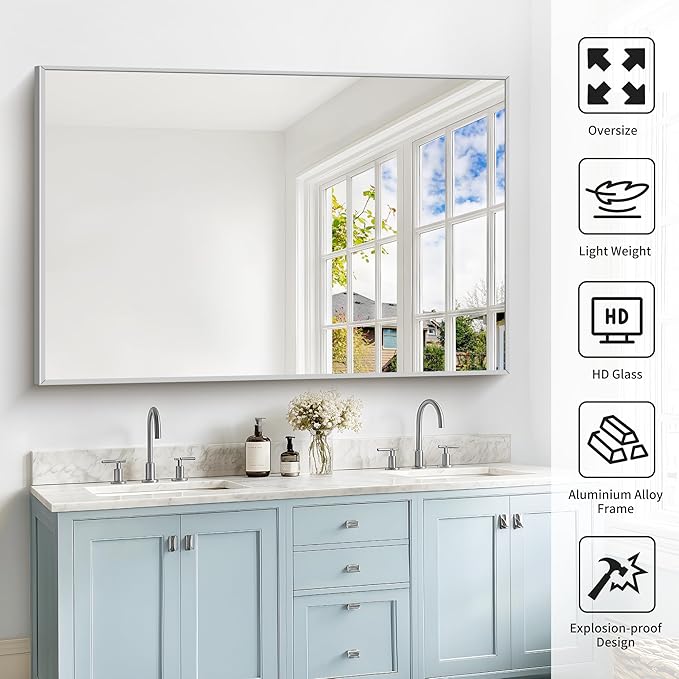 40x60inch Silver Bathroom Mirror, Large Rectangular Wall Mirrors - Image 4