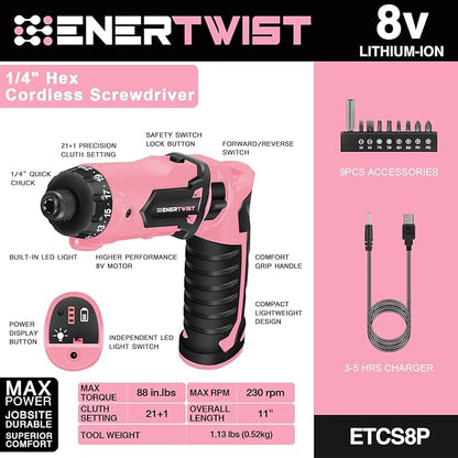 Enertwist Electric Screwdriver, 8V Max 10Nm Pink Cordless Screwdriver - Image 2
