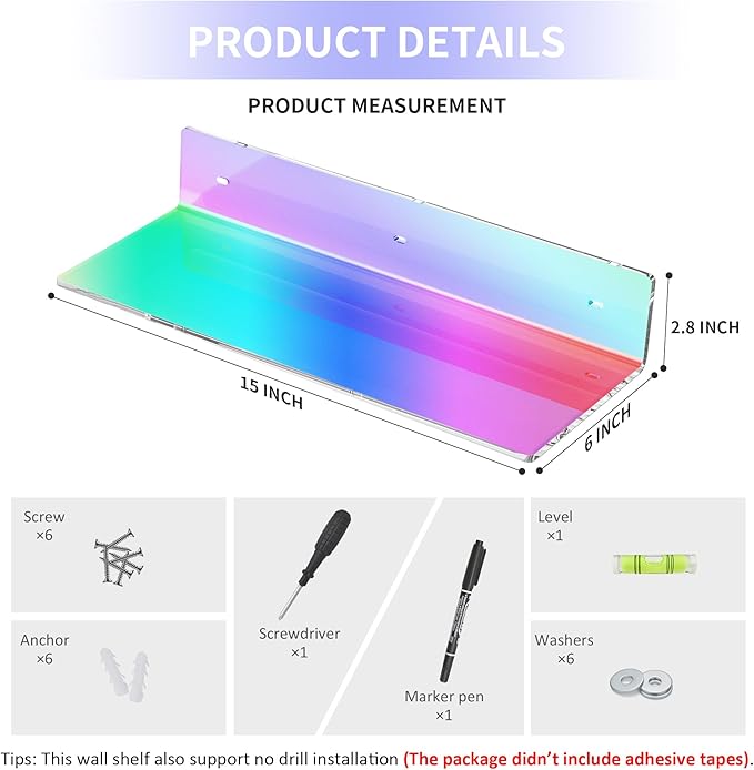 2 Pack Iridescent Acrylic Floating Shelves 15 Inches, Wall Hanging Bathroom - Image 2