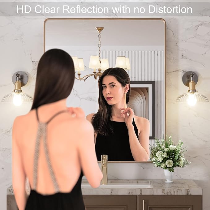 LOAAO 30”X36” Gold Bathroom Mirror, Rounded Rectangle Gold Frame Mirror - Image 2