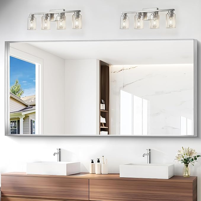 Silver Bathroom Mirror, 72x36 Inch Rectangular Framed Mirror, Large Wall by Unknown