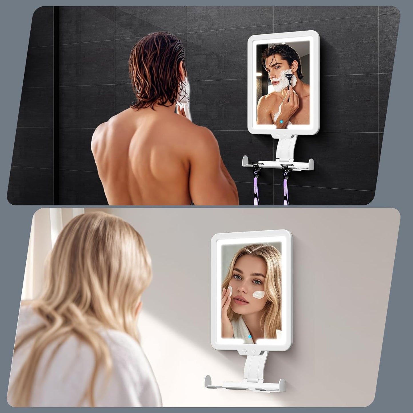 Heated Shower Mirror Fogless for Shaving, 3 Color Dimming Shower Shaving Mirror, 9.5 * 8inch Anti-Fog Shower Mirror with Lights, Wall-Mounted Large Shaving Mirror with Razor Holder