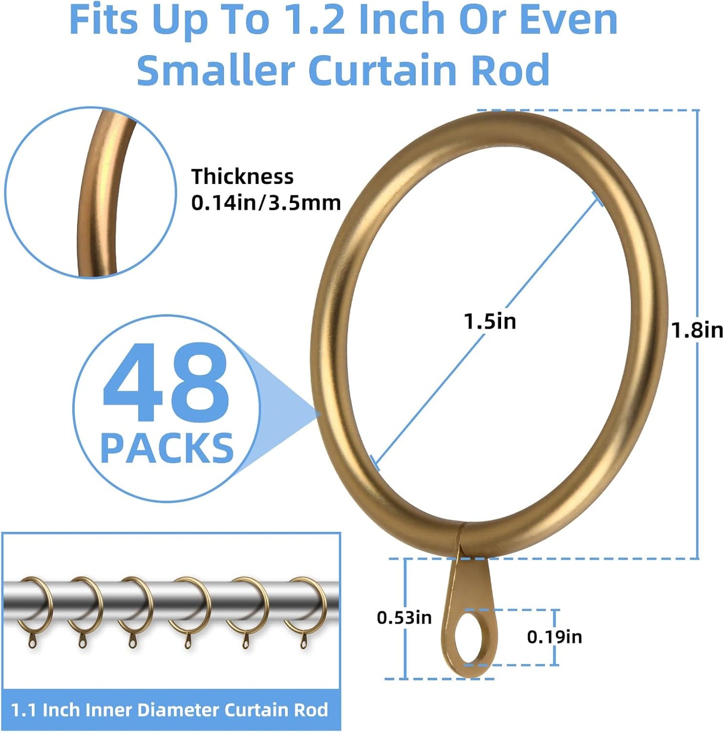 Curtain Rings with Flat Eyelets, 48 Pack Metal Drapery Rings Curtain Hanging Rings for Pinch Pleat Curtains Panels, 1.5 Inch I D, Drape Rings Fits Up to 1.2 in Curtains Rod, Warm Gold
