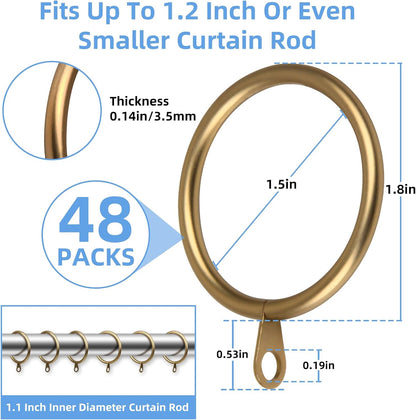 Curtain Rings with Flat Eyelets, 48 Pack Metal Drapery Rings Curtain Hanging Rings for Pinch Pleat Curtains Panels, 1.5 Inch I D, Drape Rings Fits Up to 1.2 in Curtains Rod, Warm Gold