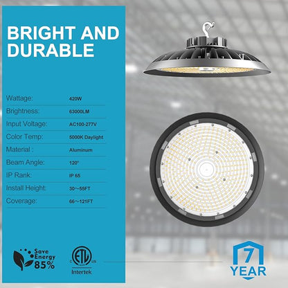 ACOHOOK 420W LED High Bay Light 5000K Daylight UFO Commercial Bay Light - Image 4