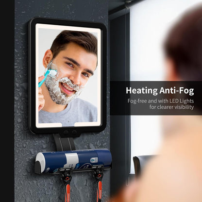 Shower Mirror Fogless for Shaving,Quick Anti Fog Mirror for Shower with Light, 3-Color Led Light Bathroom Mirror with Strong Adhesive Backing, Dimmable Brightness Makeup Mirrors for Wall