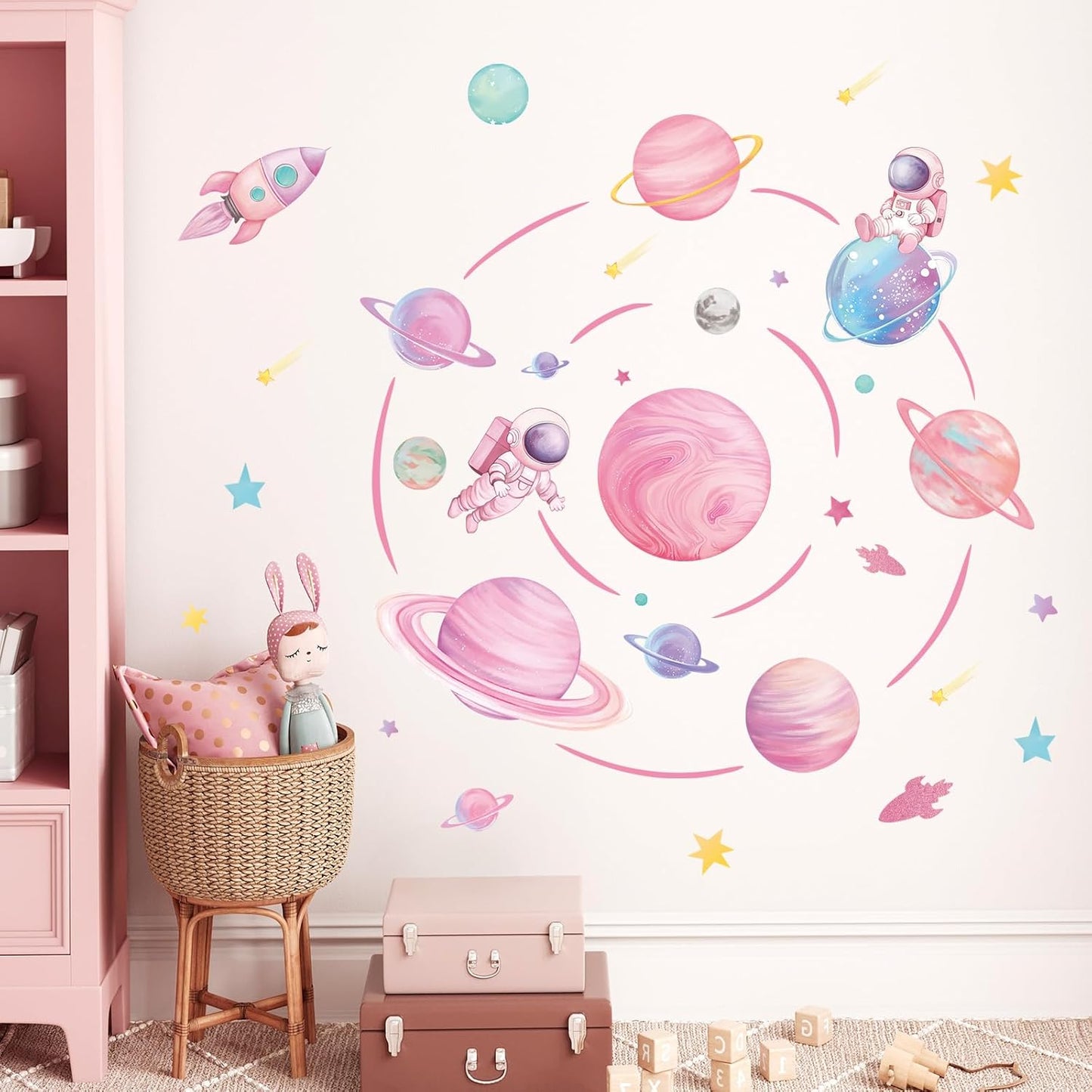 Pastel Pink Planet Orbits Wall Decals, Fantasy Outer Space Themed Wall Stickers with Rocket Astronaut and Stars for Kid's Bedroom, Nursery, Playoom, Peel and Stick Reusable
