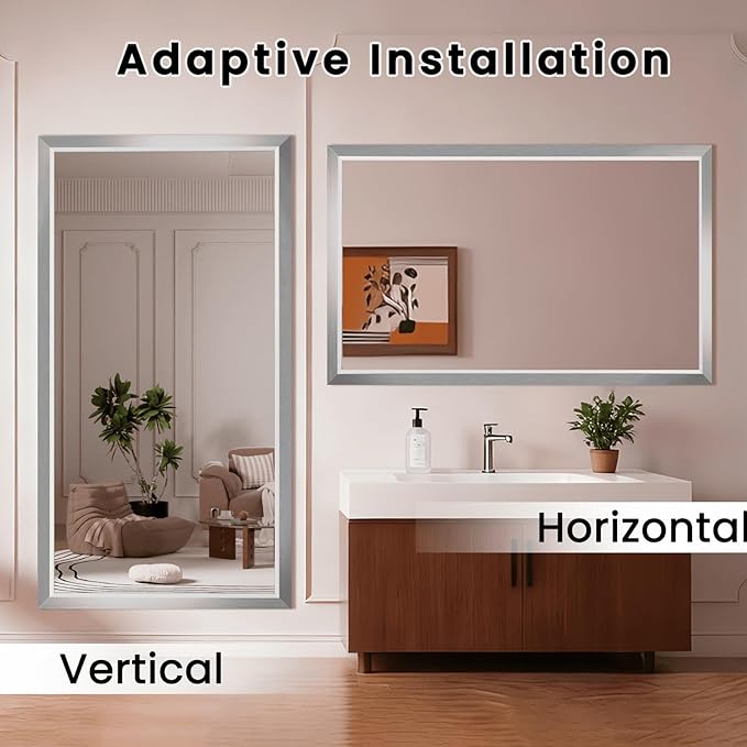 Amorho Bathroom Mirror, 55x40 Inch Silver Thick Metal Framed Wall Mirrors - Image 5