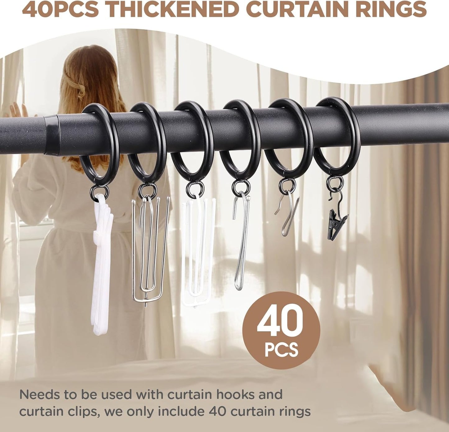 40 PCS Curtain Rings, 1.5 Inch Thickened Curtain Rings Metal Drapery Ring for Curtain Rods Black