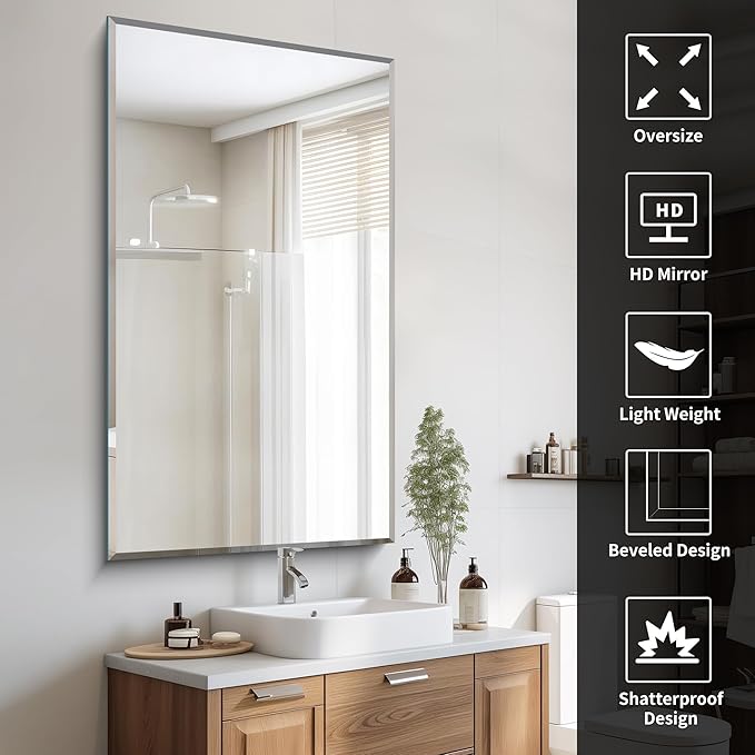 CILIBER Large Beveled Mirror, 30x55 Frameless Beveled Bathroom Mirrors - Image 6