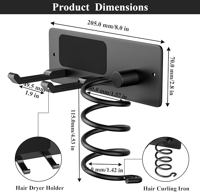 Tindbea Hair Dryer Holder + Curling Iron Holder, Blow Dryer Holder Wall Mount - Image 3