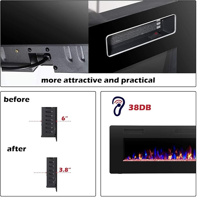 R.W.FLAME 68 inch Recessed and Wall Mounted Electric Fireplace, Ultra Thin and - Image 8