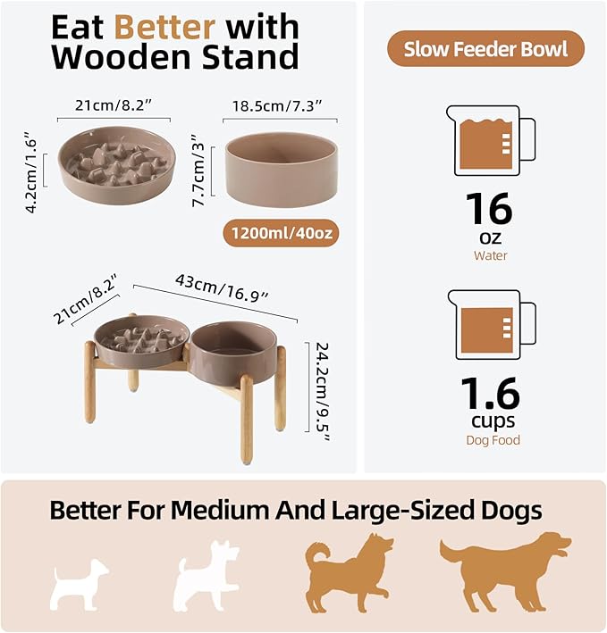 Ceramic Raised Slow Feeder Dog Bowl Set, Elevated 7.3inch Bowl and 8.2inch Slow - Image 2