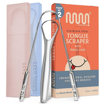 MasterMedi Tongue Scraper with Multicolor Cases, 100% Stainless Steel, Tongue by MasterMedi