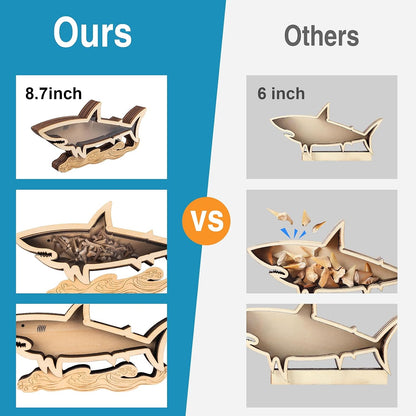 Shark Tooth Display Case 8.7 Inch,Wooden Shark Tooth Holder,Wood Shark Tooth Shadow Box,Shark-Shaped Display for Shark Tooth Collectors,Gifts for Vacation Beach Home Decor
