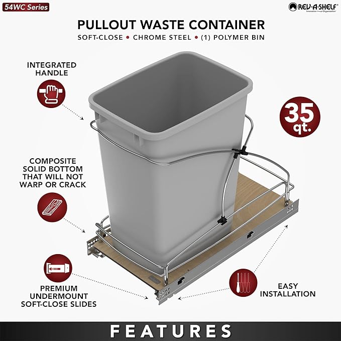 Rev-A-Shelf Steel Bottom Mount Single 35 Quart 8.75 Gallon Waste Bin Trash - Image 3