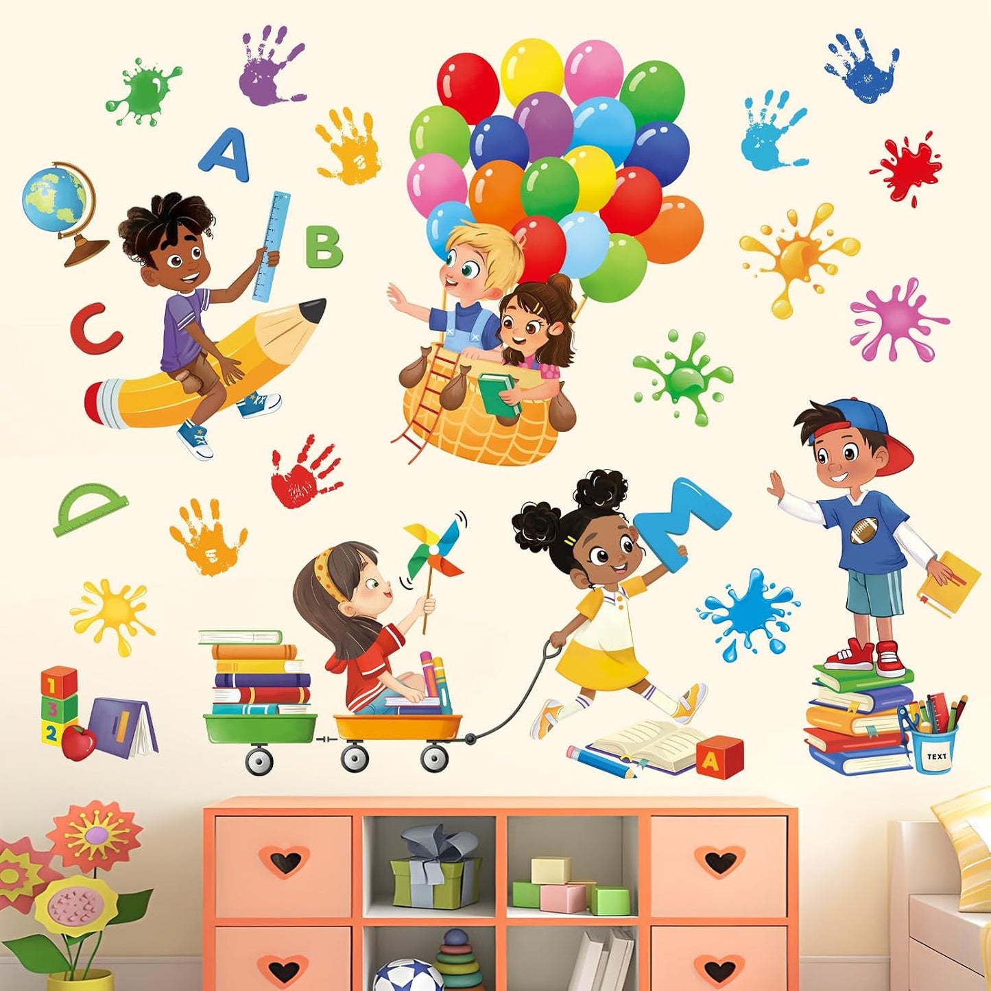 decalmile Reading Corner Balloon Kids Handprint Wall Decals Stickers