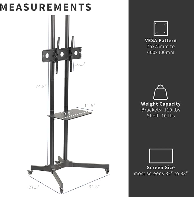 VIVO Tall TV Cart for 32 to 83 inch Screens up to 110 lbs, LCD LED OLED 4K - Image 3
