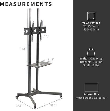 VIVO Tall TV Cart for 32 to 83 inch Screens up to 110 lbs, LCD LED OLED 4K - Image 3
